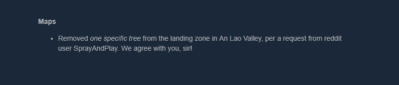 Illustration for article titled PC Shooter Removes Single Tree From Game, Just For One Guy